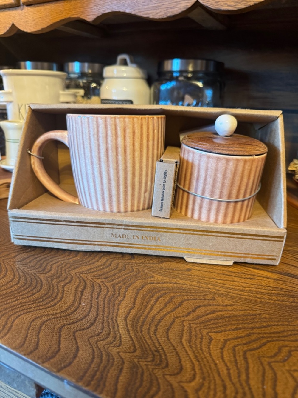 Made in India Glazed Striped Ceramic Mug and Lidded Canister Jar Set